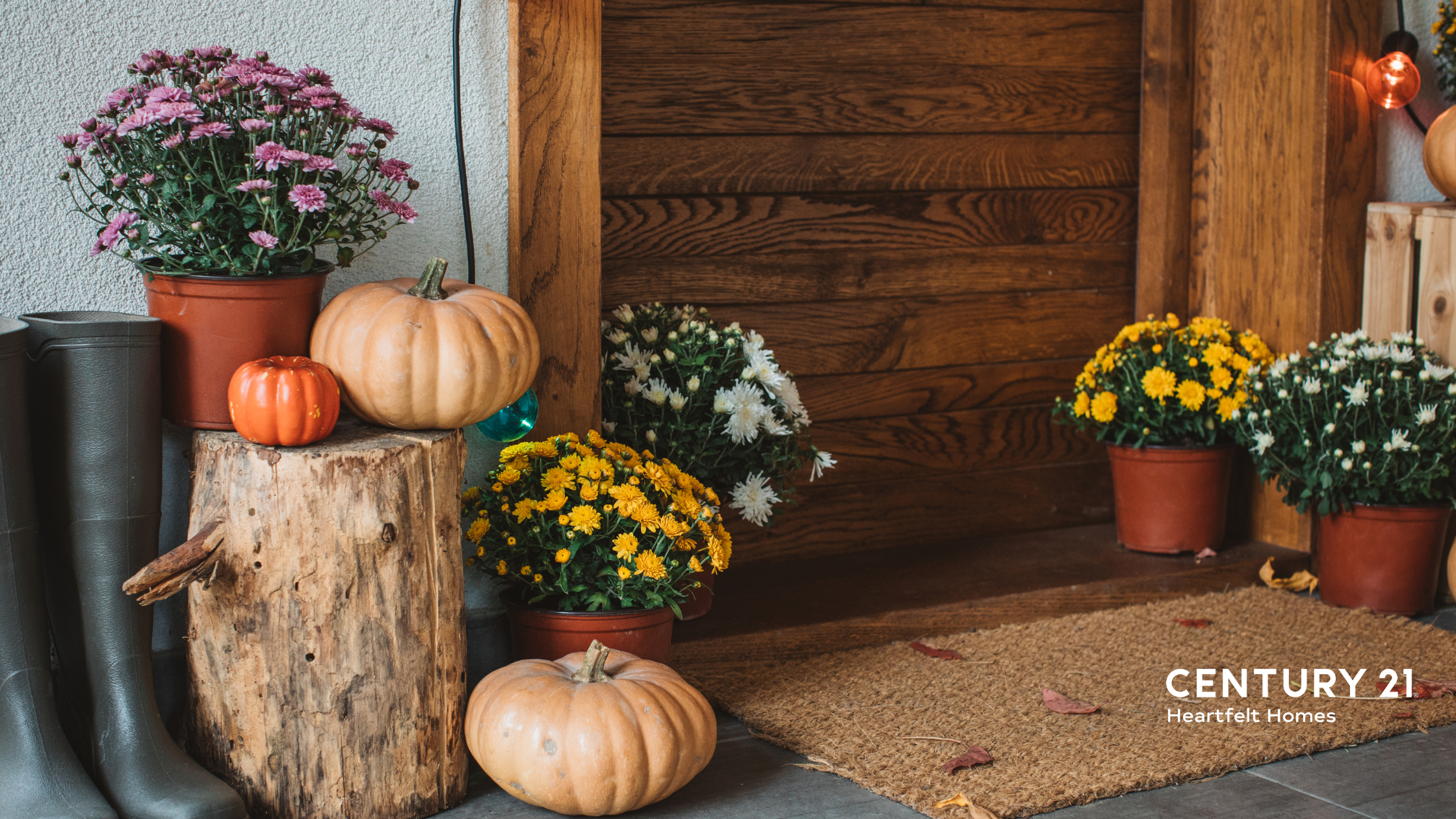 Rustic autumn ports with mums and pumpkins